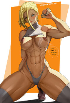 abs arm_behind_back arm_up bare_shoulders biceps blonde_hair blue_eyes blush breasts cammy_white clothes_pull collarbone commentary crotch_seam english_commentary english_text geometric_pattern groin hair_between_eyes hand_up highres kneeling large_breasts lipstick makeup muscular muscular_female navel orange_background patreon_username pink_lips pink_nails shoes short_hair sidelocks simple_background smile sneakers speech_bubble sports_bra sportswear street_fighter street_fighter_6 thighhighs tonyra white_nails