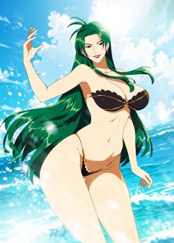 1girl bikini black_bikini breasts cleavage ear_piercing earrings fire_emblem fire_emblem:_path_of_radiance green_hair highres jewelry lips lipstick long_hair makeup nintendo petrine_(fire_emblem) piercing purple_eyes purple_lips r3dfive solo swimsuit thighs water wide_hips