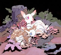 Rule 34 | 2others, animal focus, blue eyes, brown fur, colored eyelashes, deer, ears up, fawn, fleebites, flower, grass, leaf, multiple others, night, no humans, on grass, original, pink eyes, pink flower, tree stump, water, white fur