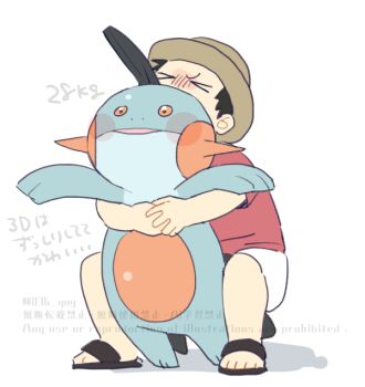 &gt;_&lt; 1boy black_hair brown_hat closed_eyes gen_3_pokemon hat holding holding_pokemon male_focus marshtomp nintendo own_hands_together pokemon pokemon_(creature) red_shirt sandals shirt short_hair short_sleeves shorts squatting toes translation_request twitter_username watermark weight white_background white_shorts y_(nekoyanagi)