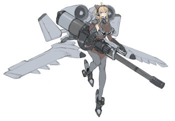 1girl a-10_thunderbolt_ii ahoge ammunition_belt blonde_hair blue_eyes bodysuit breasts cleavage full_body gatling_gun gau-8_avenger gloves highres jet_engine kitsune_udon_(qtsuneudon) large_breasts long_hair looking_at_viewer mecha_musume original personification sidelocks simple_background skin_tight solo standing standing_on_one_leg white_background wings
