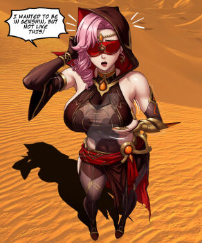 Rule 34 | 1girl, arm up, babel (genshin impact), bare shoulders, blindfold, blindfold mask, breasts, colored blindfold, commentary, commission, covered eyes, covered navel, desert, detached sleeves, drill hair, earrings, english commentary, english text, forehead jewel, genshin impact, grabbing own breast, highres, hood, jewelry, large breasts, long hair, mask, open mouth, outdoors, pink hair, red sash, sand, sash, shadow, solo, speech bubble, umbracallistis