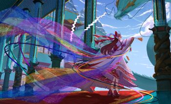 1girl absurdres alternate_costume backward-facing_horns between_fingers blue_sky bow brown_hair building closed_mouth cloud commentary day dragon dragon_horns eastern_dragon floral_print frilled_bow frilled_hair_tubes frilled_skirt frills gloves gohei hair_bow hair_tubes hakurei_reimu high_heels highres holding holding_gohei horns long_hair looking_at_viewer looking_back ofuda ofuda_between_fingers pillar red_bow red_shoes red_skirt shoes skirt sky smile solo tassel touhou whiskers white_gloves zhongxia_ye_zhi_meng