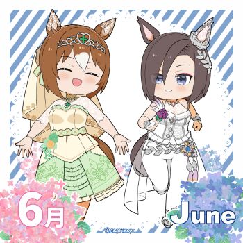 2girls :d ^_^ air_groove_(quercus_civilis)_(umamusume) air_groove_(umamusume) animal_ears bare_shoulders blue_eyes blue_flower blush bridal_gauntlets brown_hair capriccyo chibi closed_eyes commentary_request diagonal-striped_background doily fine_motion_(umamusume) flower frilled_skirt frills green_skirt hair_between_eyes highres horse_ears horse_girl horse_tail multicolored_hair multiple_girls open_mouth pants parted_bangs pink_flower shirt short_sleeves skirt sleeveless sleeveless_shirt smile striped_background tail tiara twitter_username two-tone_hair umamusume white_hair white_pants white_shirt