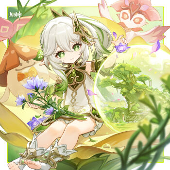 1girl absurdres bare_shoulders chinese_commentary commentary_request detached_sleeves dress flower genshin_impact gold_trim gradient_hair green_eyes green_hair green_sleeves hair_between_eyes hair_ornament highres leaf_hair_ornament long_hair looking_at_viewer multicolored_hair nahida_(genshin_impact) official_art petals pointy_ears purple_flower side_ponytail sitting sleeveless sleeveless_dress smile solo symbol-shaped_pupils white_dress white_hair