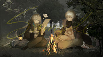 Rule 34 | 1boy, 1girl, absurdres, bird, black gloves, blue eyes, brown hair, brown pants, brown scarf, brown shoes, brown sweater, campfire, commentary request, commission, cup, forest, full body, glasses, gloves, highres, holding, holding cup, holding paper, indian style, lantern, log, looking at another, nature, on grass, original, outdoors, pants, paper, reading, reverse:1999, round eyewear, sample watermark, scarf, shenqi a hao, shirt, shoes, short hair, sitting, sitting on log, sweater, tit (bird), tree, watermark, white shirt, zima (reverse:1999)
