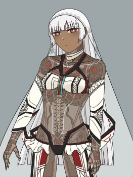 1girl absurdres altera_(fate) android artificial_vagina bandeau bare_shoulders biomechanical blunt_bangs breasts bright_pupils choker commentary cowboy_shot dark-skinned_female dark_skin detached_sleeves english_commentary expressionless fate/grand_order fate_(series) grey_background highres joints kaguracanvas long_hair looking_at_viewer lungs mechabare mechanical_pussy mechanical_spine midriff navel patterned_clothing red_eyes revealing_clothes robot_girl robot_joints robot_skeleton see-through_clothes see-through_body see-through_veil sex_toy small_breasts solo strapless tube_top variant_set veil white_bandeau white_choker white_hair white_pupils white_sleeves white_veil