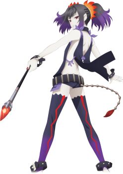 Rule 34 | 1girl, artist request, baton (weapon), black choker, black hair, black thighhighs, bracelet, braid, choker, commentary, feet out of frame, flower, from behind, game cg, hair flower, hair ornament, highres, jewelry, looking at viewer, medium hair, mole, mole under eye, nail polish, official art, open mouth, purple eyes, purple hair, red nails, revealing clothes, sideless outfit, solo, symonne (tales), tales of (series), tales of asteria, tales of zestiria, thighhighs, third-party source, transparent background, twintails, weapon