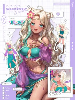 1girl ahoge animal_ear_fluff animal_ears aqua_eyes aqua_skirt aqua_streaks blonde_hair breasts clothing_cutout commentary_request detached_sleeves dog_ears dog_girl fingernails flower frills hair_flower hair_ornament hand_on_own_chest harem_outfit headpiece highres indie_virtual_youtuber jewelry long_hair long_sleeves looking_at_viewer medium_breasts mole mole_under_eye mona_meria multicolored_hair multiple_views nail_polish nanashino_milk navel open_mouth parted_bangs pink_nails second-party_source skirt smile stomach streaked_hair virtual_youtuber wavy_hair