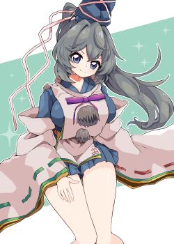 Rule 34 | 1girl, absurdres, blue dress, blue eyes, blue hat, blush, bow, bowtie, breasts, closed mouth, commentary request, detached sleeves, dress, feet out of frame, grey hair, gurajio, hat, high ponytail, highres, japanese clothes, kariginu, lap pillow invitation, large breasts, legs, long hair, looking at viewer, mononobe no futo, pom pom (clothes), ponytail, purple bow, purple bowtie, ribbon-trimmed sleeves, ribbon trim, smile, solo, sparkle, tate eboshi, touhou, v-shaped eyebrows, white sleeves, wide sleeves