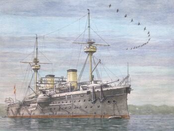 anchor atelier_bono bird cannon cruiser flag highres mast military_vehicle mountainous_horizon ocean original painting_(medium) pelayo_(armored_cruiser) ship ship_turret smokestack spanish_navy traditional_media vehicle_focus warship water watercolor_(medium) watercraft