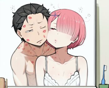 1boy 1girl absurdres bare_shoulders bathroom black_hair bra breasts brown_eyes cheek-to-cheek collarbone flat_chest hair_ornament hair_over_one_eye half-closed_eyes heads_together hetero hickey highres lipstick_mark looking_at_another mirror morning_after natsuki_subaru one_eye_closed parted_lips pink_eyes pink_hair ram_(re:zero) re:zero_kara_hajimeru_isekai_seikatsu red_eyes reflection reflection_focus rreze4132 short_hair side-by-side sleepy small_breasts squeans toothbrush underwear upper_body white_bra x_hair_ornament