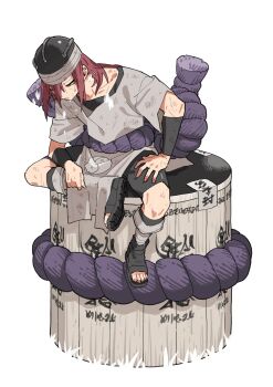 1girl arm_guards bandages bike_shorts black_hat brown_eyes commentary exhausted full_body grey_shirt hat highres long_hair looking_down naruto_(classic) naruto_(series) ninja open_mouth red_hair sandals scratches shirt short_sleeves sitting sitting_on_object tayuya_(naruto) undershirt white_background yuu_choko