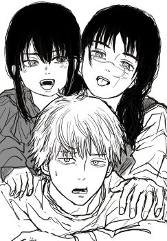 1boy 2girls chainsaw_man denji_(chainsaw_man) greyscale hand_on_another&#039;s_shoulder highres long_hair monochrome multiple_girls nayuta_(chainsaw_man) open_mouth ringed_eyes shirt short_hair sidelocks sky8bow tongue tongue_out yoru_(chainsaw_man)