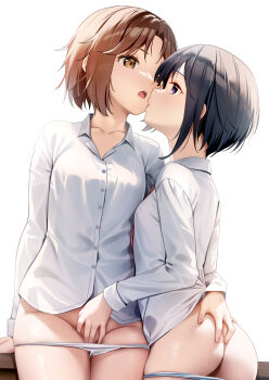 2girls black_hair breasts brown_eyes brown_hair collarbone collared_shirt commentary_request commission dress_shirt fingering groin hair_between_eyes hand_on_another's_ass highres multiple_girls open_mouth panties panty_pull parted_bangs pixiv_commission profile purple_eyes school_girl_strikers shirt simple_background small_breasts sumihara_satoka takamine_ako underwear white_background white_panties white_shirt yan_(nicknikg) yuri