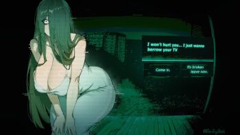 1girl black_hair blush breasts cleavage dialogue_box dialogue_options dress english_text game_screenshot_background gameplay_mechanics ghost_girl green_theme hair_over_one_eye large_breasts long_hair looking_at_viewer night night_vision no_i&#039;m_not_a_human porch pov_peephole screenshot_background sin_(sintrybest) solo the_ring thighs through_medium through_screen twitter_username very_long_hair white_dress wooden_porch yamamura_sadako