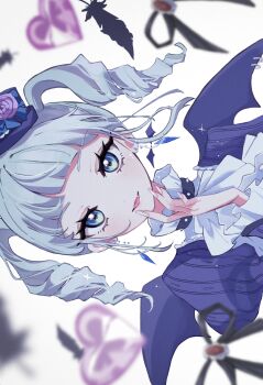1girl aikatsu!_(series) blue_eyes blurry blurry_foreground collar depth_of_field earrings fang feathers fingernails frilled_collar frilled_sleeves frills gem grey_hair guri_(ak1002s) heart-shaped_gem highres jewelry long_fingernails looking_at_viewer purple_gemstone ribbon ringlets sidelocks sideways simple_background smile solo tilted_headwear todo_yurika twintails upper_body white_background
