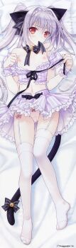 1girl absurdres animal_ears bed_sheet bell black_bow black_bowtie blush bow bowtie breasts cat_ears cat_tail clothes_lift clothes_pull collar collarbone crotch_seam dakimakura_(medium) detached_sleeves female_focus from_above full_body garter_belt garter_straps grey_hair highres huge_filesize legs looking_at_viewer mouth_hold navel neck_bell nipples otome_riron_to_sono_shuuhen:_ecole_de_paris panties pink_panties red_eyes sakurakouji_luna scan shirt_pull skirt skirt_lift small_breasts solo suzuhira_hiro tail tail_bell tail_bow tail_ornament tareme thighhighs twintails underwear undressing white_thighhighs wrist_cuffs