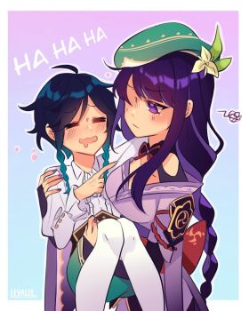1boy 1girl ahoge armor artist_name asymmetrical_sleeves blue_background blunt_bangs blush braid bridal_gauntlets carrying carrying_person closed_eyes closed_mouth clothing_cutout collarbone collared_shirt couple drooling drunk english_text friends frilled_sleeves frills genshin_impact gradient_background gradient_hair green_hair green_hat hair_between_eyes hat highres huge_ahoge japanese_clothes kimono laughing leyalee2 light_blush long_braid long_sleeves looking_down looking_to_the_side mitsudomoe_(shape) mouth_drool multicolored_hair neck_ribbon one_eye_in_shadow open_mouth pantyhose princess_carry purple_eyes purple_hair purple_kimono purple_nails raiden_shogun red_ribbon red_sash ribbon sash shade shaded_face shirt short_hair shorts shoulder_armor shoulder_cutout side_braids single_braid standing streaked_hair tomoe_(symbol) uneven_sleeves upper_body venti_(genshin_impact) white_pantyhose white_shirt wide_sleeves