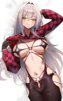 1girl absurdres blush bodysuit breasts brown_eyes checkered_clothes clothing_cutout commentary_request gloves goddess_of_victory:_nikke grey_hair half_gloves highres large_breasts latex latex_bodysuit licking_lips long_hair long_sleeves looking_at_viewer maviss_03 navel official_alternate_costume paid_reward_available red_shrug scarlet_(nikke) scarlet_(racer&#039;s_high)_(nikke) shibari shift_up shrug_(clothing) skin_tight smile solo stellar_blade stomach thigh_cutout tongue tongue_out underboob