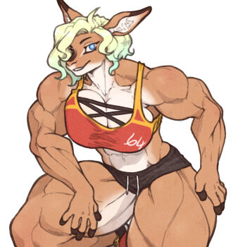 abs animal_ears animal_nose biceps black_shorts blonde_hair blue_hair body_fur breasts brown_fur cerebro_podrido colored_tips cross-laced_pants deer_ears deer_girl deltoids furry furry_female highres midriff multicolored_hair muscular muscular_arms muscular_female muscular_legs obliques original red_sports_bra short_shorts shorts snout sports_bra thighs two-tone_fur two-tone_sports_bra white_background white_fur