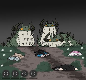 Rule 34 | 4girls, absurdres, arknights, arknights: endfield, black hair, black horns, blue jacket, brown hair, chen qianyu (arknights), chibi, chun grandfa, commentary request, defeat, dragon girl, dragon horns, eastern dragon horns, endministrator (arknights), female endministrator (arknights), frog, gameplay mechanics, head wings, highres, horns, jacket, korean commentary, lying, multiple girls, on stomach, outdoors, perlica (arknights), pink hair, pleated skirt, quillbeast (arknights), skirt, white jacket, white skirt, wings, yvonne (arknights)