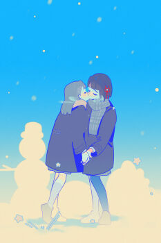 Rule 34 | 2girls, black coat, black hair, black pantyhose, blue background, blunt bangs, blunt ends, bob cut, braid, brown shoes, center-flap bangs, closed eyes, coat, commentary, flower, flower knot, grey hair, grey scarf, hair flower, hair ornament, highres, kachimachi kosuzu, kiss, kneehighs, link! like! love live!, loafers, long hair, love live!, momose ginko, multiple girls, pantyhose, pipi (m1x mix), plaid clothes, plaid scarf, scarf, shoes, short hair, side braids, socks, virtual youtuber, white socks, yuri