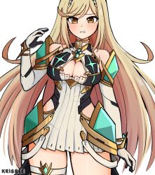 Rule 34 | 1girl, blonde hair, blush, breasts, cleavage, highres, krisbee, large breasts, long hair, looking at viewer, mythra (xenoblade), thick thighs, thighs, xenoblade chronicles (series), xenoblade chronicles 2