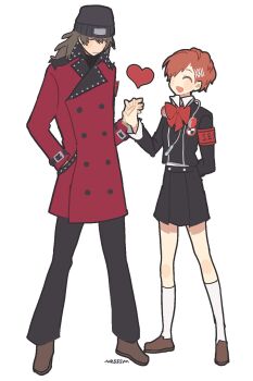 Rule 34 | 1boy, 1girl, aragaki shinjirou, arm behind back, armband, beanie, black pants, black skirt, bow, brown hair, brown shoes, closed eyes, closed mouth, coat, full body, gekkoukan high school uniform, hair between eyes, hair ornament, hairclip, hand in pocket, hat, heart, hetero, highres, holding hands, kneehighs, long hair, long sleeves, nzsssm, open mouth, pants, persona, persona 3, red armband, red bow, red coat, school uniform, shiomi kotone, shoes, simple background, skirt, smile, socks, white background, white socks, x hair ornament