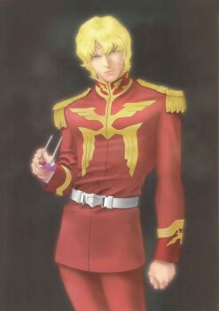 Rule 34 | 1boy, absurdres, belt, blonde hair, blue eyes, char's deleted affair, char aznable, epaulettes, gundam, highres, kitazume hiroyuki, magazine scan, military rank insignia, military uniform, neo zeon, official art, portrait, promotional art, removing eyewear, scan, science fiction, soldier, sunglasses, traditional media