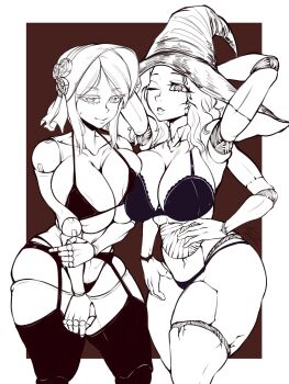 2girls alternate_breast_size anguriask black_bra black_legwear black_panties bloodborne bonnet bra breasts company_connection crack cracked_skin creator_connection crossover doll_joints elden_ring extra_arms fromsoftware garter_belt garter_straps hat highres joints large_breasts long_hair multiple_girls navel panties plain_doll ranni_the_witch short_hair smile standing thighhighs trait_connection underwear witch witch_hat