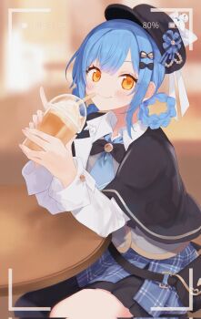 1girl battery_indicator black_bag black_capelet black_hat blue_hair blue_necktie blue_skirt braid braided_hair_rings capelet closed_mouth collared_shirt corrupted_twitter_file cowboy_shot cup deerstalker disposable_cup elbows_on_table frilled_skirt frills hair_rings hat highres holding holding_cup indoors long_sleeves looking_at_viewer mahou_shoujo_no_majo_saiban necktie plaid_clothes plaid_skirt pleated_skirt shirt short_hair sitting skirt smile solo table tachibana_sherry ukaten viewfinder white_shirt yellow_eyes