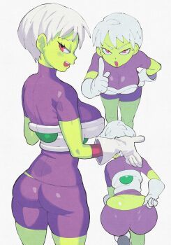 1girl adjusting_clothes alien ass blush bodysuit breasts cheelai colored_skin commentary dragon_ball dragon_ball_super dragon_ball_super_broly gloves green_skin highres index_finger_raised inkerton-kun large_breasts multiple_views open_mouth purple_bodysuit red_eyes skin_tight white_gloves white_hair