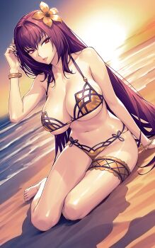 Rule 34 | 1girl, absurdres, bare shoulders, barefoot, beach, bikini, bracelet, breasts, cleavage, fate/grand order, fate (series), flower, frilled thigh strap, gold bikini, hair flower, hair ornament, hibiscus, highres, jewelry, large breasts, long hair, looking at viewer, navel, purple hair, red eyes, rioliogiz, scathach (fate), scathach (fate/grand order), scathach (swimsuit assassin) (fate), shore, solo, sunset, swimsuit, thigh strap, thighs