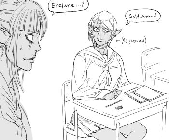 2girls bad_id bb_(baalbuddy) blunt_bangs chair commentary dark_elf desk earrings elf english_commentary english_text eraser erelune_(bb_(baalbuddy)) greyscale gyaru highres inactive_account jewelry monochrome multiple_girls neckerchief notebook original parted_lips pencil plot_twist pointy_ears school school_chair school_desk school_uniform seldaana_(baalbuddy) serafuku short_hair simple_background sitting sweat nervous_sweating white_background wide-eyed