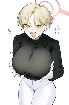 Rule 34 | 1girl, absurdres, black shirt, blonde hair, blue archive, blush, breasts, dantyou2525, gloves, grabbing own breast, halo, highres, large breasts, long sleeves, marina (blue archive), open mouth, pants, red halo, shirt, short hair, white gloves, white pants, yellow eyes