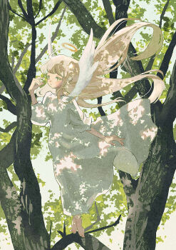 Rule 34 | 1girl, absurdres, angel, angel wings, barefoot, blonde hair, blush, dappled sunlight, day, dress, forest, full body, hair flowing over, highres, light particles, long hair, looking at viewer, nature, nekory, on tree, original, outdoors, scenery, sidelocks, signature, solo, standing, sunlight, swept bangs, tree shade, white dress, wings, yellow eyes