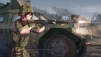 1girl alvin_art15 ammunition_pouch armored_vehicle battle_rifle brown_eyes brown_gloves brown_hair bulletproof_vest camouflage camouflage_helmet camouflage_pants camouflage_shirt casing_ejection chinstrap cloud cloudy_sky combat_helmet commentary commission cowboy_shot english_commentary feet_out_of_frame finger_on_trigger firing from_side gloves green_helmet green_pants green_shirt gun handgun helmet highres holding holding_gun holding_weapon holster holstered howa_type_64 japan_self-defense_force looking_afar military military_combat_uniform military_fatigues military_uniform military_vehicle motor_vehicle muzzle_flash original outdoors pants pocket pouch projectile_trail rifle shell_casing shirt short_hair sky sleeves_rolled_up soldier solo standing thigh_holster tree weapon