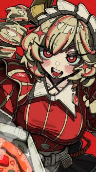 1girl absurdres blonde_hair burnice_white delivery drill_hair food half-closed_eyes highres holding holding_food holding_pizza limited_palette looking_at_viewer open_mouth pizza pizza_box pizza_delivery red_background red_eyes red_shirt red_theme shirt shisunomiunko solo twin_drills zenless_zone_zero