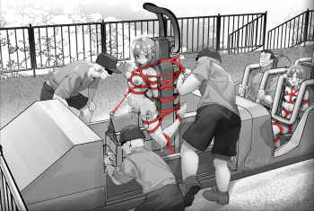 Rule 34 | 2girls, 5boys, :d, arms behind back, barefoot, baseball cap, bdsm, bondage, bound, bound ankles, bound arms, bound legs, breasts, chen zi, clothed male nude female, commentary request, completely nude, feet, fence, glasses, gloves, hat, helmet, highres, monochrome, multiple boys, multiple girls, nipples, nude, object insertion, open mouth, original, outdoors, ponytail, pussy juice, remote control vibrator, roller coaster, rope, sex toy, shaded face, shibari, shirt, shorts, smile, spot color, stomach bulge, sweat, t-shirt, toes, trembling, tying, vibrator, vibrator in thigh strap, wooden horse