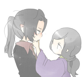2boys androgynous black_hair blush brothers caranthir chibi closed_mouth elf eyelashes hand_on_another&#039;s_chin hand_on_another&#039;s_face height_difference high_ponytail long_hair looking_at_another low_ponytail maglor male_focus multiple_boys pixiv_id_1298298 pointy_ears ponytail profile robe siblings simple_background sweat sweatdrop the_silmarillion tolkien&#039;s_legendarium upper_body white_background