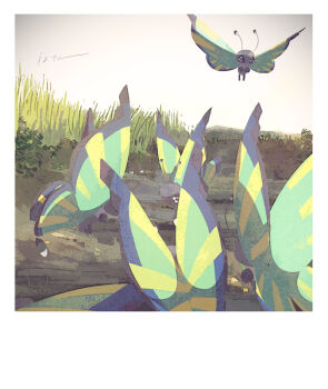 animal_focus antennae black_eyes border bug butterfly commentary flying full_body gen_6_pokemon grey_sky insect isutai looking_at_viewer nintendo outdoors pokemon pokemon_(creature) pokemon_focus simple_background sky symbol-only_commentary vivillon vivillon_(savanna) white_border