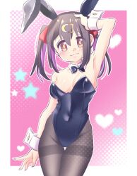Rule 34 | 1girl, :3, alternate costume, animal ears, arm up, armpits, bare arms, bare shoulders, black bow, black bowtie, black hair, black leotard, blush, bow, bowtie, breasts, brown eyes, commentary, covered navel, cowboy shot, detached collar, eyes visible through hair, hair between eyes, hair ribbon, hand on own head, heart, highleg, highleg leotard, highres, leotard, looking at viewer, medium breasts, multicolored hair, nemu0701, onii-chan wa oshimai!, outline, oyama mihari, pantyhose, pink background, playboy bunny, purple hair, rabbit ears, red ribbon, ribbon, simple background, smile, solo, star (symbol), thigh gap, thighband pantyhose, twintails, two-tone hair, white outline, wrist cuffs