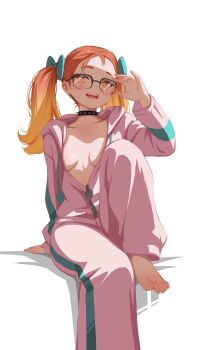 1girl absurdres adjusting_eyewear barefoot black_choker bow braces breasts breasts_apart choker commentary commission earrings english_commentary feet freckles glasses green_bow hair_bow hand_on_eyewear hand_up highres hood hood_down hoodie jewelry knee_up long_hair long_sleeves looking_at_viewer open_mouth orange_eyes orange_hair original partially_unzipped pink_hoodie sansha_art simple_background sitting small_breasts solo spiked_choker spikes stud_earrings toes twintails white_background zipper zipper_pull_tab