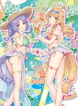 2girls :d alternate_hairstyle arm_strap ass bare_arms bikini blonde_hair braid breasts cat_tail cinnamon_(nekopara) cropped cup drill_hair drinking_glass eyes_out_of_frame facing_viewer flip-flops four-finger_heart_hands hand_on_own_cheek hand_on_own_face head_out_of_frame heart heart_hands heart_hands_duo high_heels highres large_breasts legs long_sleeves maple_(nekopara) medium_breasts multiple_girls nekopara non-web_source official_art open_mouth purple_hair sandals sarong sayori_(neko_works) scrunchie side-tie_bikini_bottom simple_background smile swimsuit tail tail_scrunchie thigh_strap thighs wrist_scrunchie