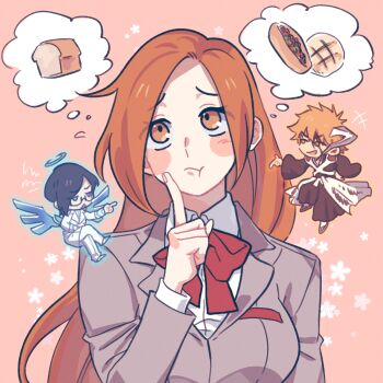 1girl 2boys bleach blush_stickers bread breasts chibi chibi_inset finger_to_cheek food halo hollow_(bleach) horn_of_salvation inoue_orihime ishida_uryuu kurosaki_ichigo large_breasts long_hair multiple_boys orange_eyes orange_hair red_ribbon ribbon satsumikan school_uniform simple_background speech_bubble thinking thought_bubble vollstandig