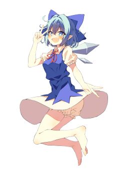 +_+ 1girl absurdres bare_arms bare_legs barefoot bloomers blue_bow blue_dress blue_eyes blue_hair blush bow cirno collared_shirt commentary_request detached_wings dress fairy fang frilled_sleeves frills full_body hair_bow hair_intakes highres ice ice_wings legs_folded looking_at_viewer multiple_wings neck_ribbon pinafore_dress pointy_ears puffy_short_sleeves puffy_sleeves red_ribbon ribbon seika_okawari shirt short_hair short_sleeves simple_background skin_fang sleeveless sleeveless_dress smile solo touhou underwear v w white_background white_bloomers white_shirt wings
