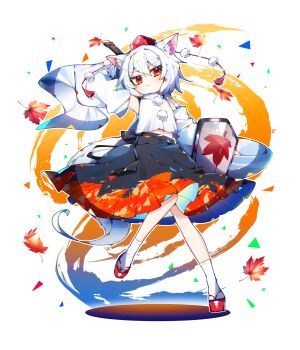 1girl animal_ears arm_up autumn_leaves black_skirt closed_mouth commentary detached_sleeves frown geta hat highres holding holding_behind_back holding_shield holding_sword holding_weapon inubashiri_momiji leaf leaf_print looking_at_viewer maple_leaf_print medium_skirt midriff_peek pom_pom_(clothes) print_skirt red_eyes red_hat red_sandals red_skirt ribbon-trimmed_sleeves ribbon_trim sandals shield shirt short_hair sia_6767 skirt sleeveless sleeveless_shirt socks solo standing standing_on_one_leg sword tabi tail tengu-geta tokin_hat touhou turtleneck turtleneck_shirt two-tone_skirt weapon white_hair white_shirt white_sleeves white_socks wind wolf_ears wolf_girl wolf_tail