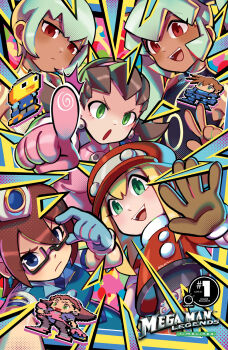 5girls blonde_hair brown_hair cover cover_page dark-skinned_female dark_skin denise_marmalade_(mega_man) dress green_eyes group_picture hat highres jacket keenbiscuit mega_man_(series) mega_man_legends_(series) mega_man_volnutt multiple_girls newsboy_cap official_art pink_dress pixel_art pointing pointing_at_viewer red_hat red_jacket roll_caskett_(mega_man) second-party_source sera_(mega_man) servbot_(mega_man) tron_bonne_(mega_man) udon_entertainment yuna_(mega_man)