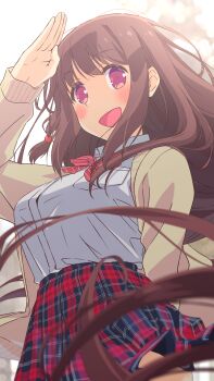 Rule 34 | 1girl, :d, arm behind back, blue skirt, blurry, blurry foreground, blush, bow, bowtie, breast pocket, breasts, brown cardigan, brown hair, cardigan, collared shirt, commentary request, cowboy shot, depth of field, floating hair, from below, from side, hair ornament, hand up, highres, large breasts, long hair, long sleeves, looking at viewer, looking down, looking to the side, matsumi kuro, miniskirt, open cardigan, open clothes, open mouth, plaid clothes, plaid skirt, pleated skirt, pocket, purple eyes, red bow, red bowtie, red skirt, saki, saki (manga), saki achiga-hen, salute, school uniform, shirt, shirt tucked in, sidelocks, simple background, skirt, smile, solo, standing, striped bow, striped bowtie, striped clothes, taoru, very long hair, white background, white shirt